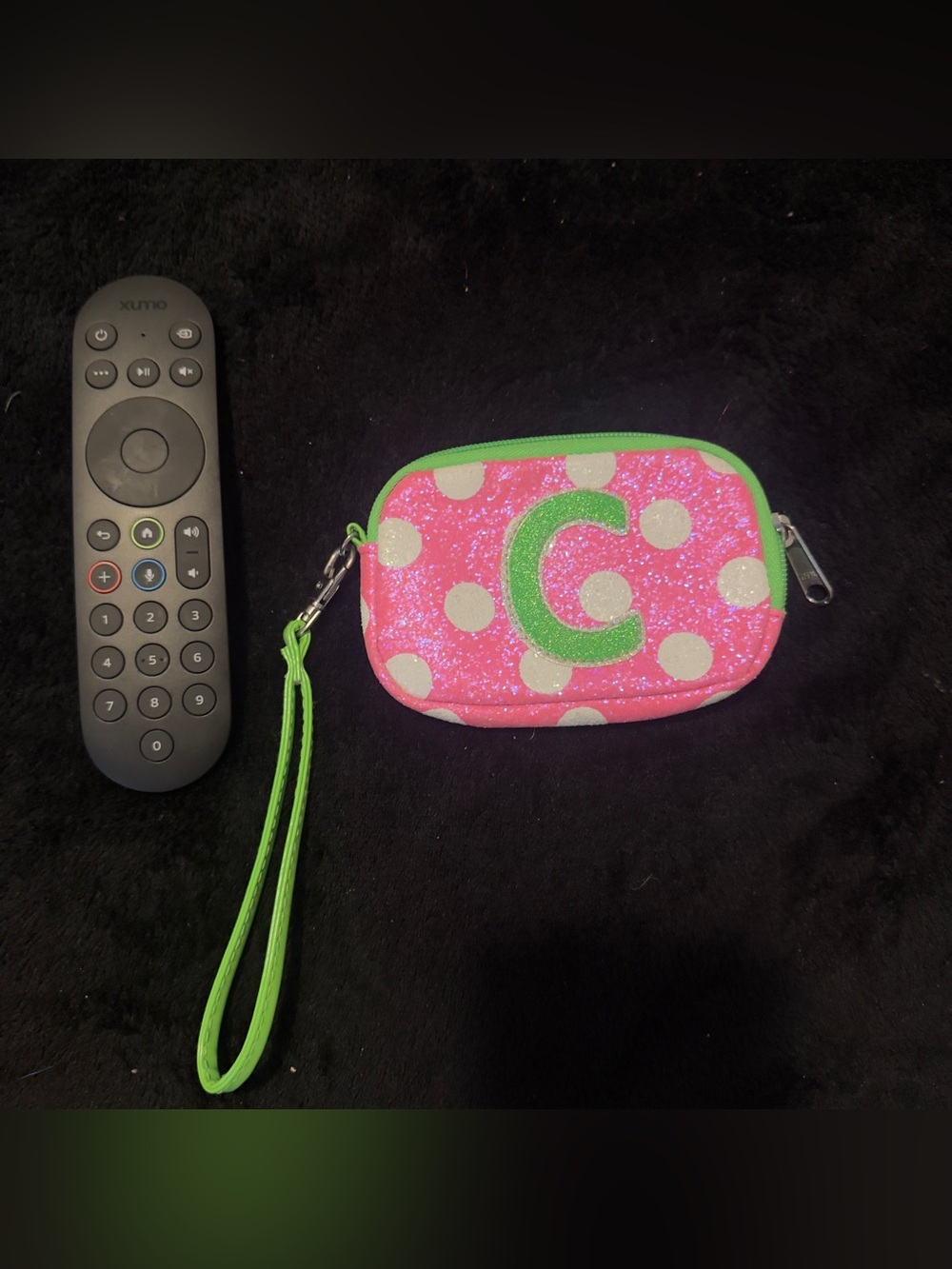 Justice Pink Glitter Polka Dot Wristlet purse with Green 'C' Accent